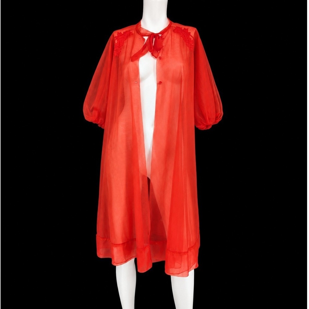 Vtg Van Raalte Sheer Peignoir Robe Lace Babydoll Balloon Sleeve Ethereal 60s SML